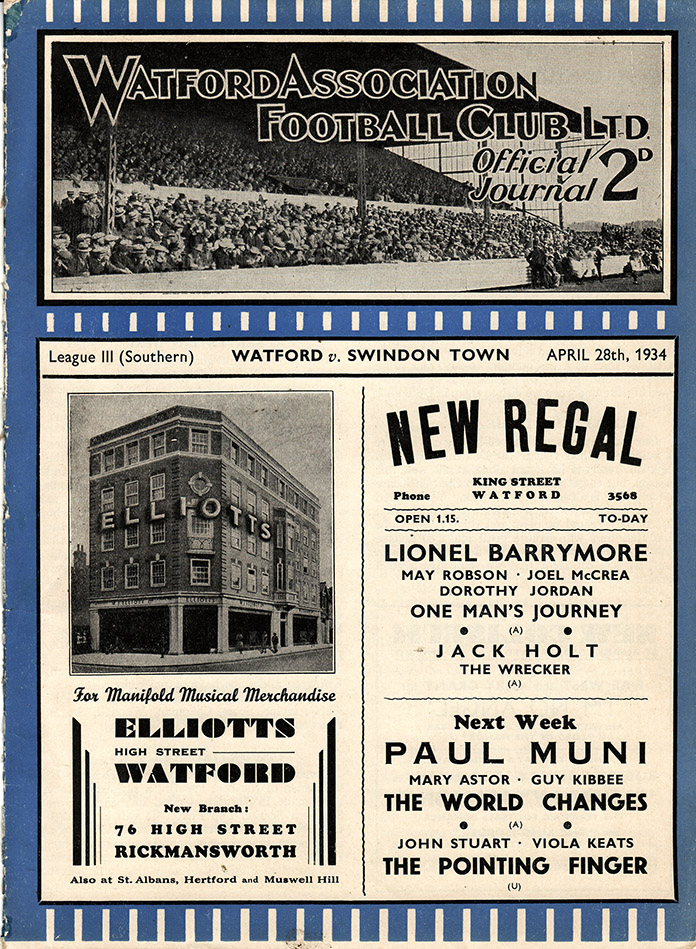 <b>Saturday, April 28, 1934</b><br />vs. Watford (Away)
